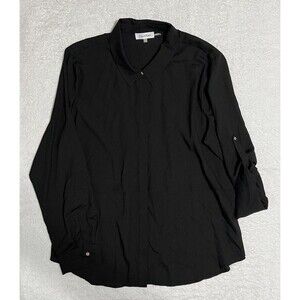 Calvin Klein Layered Blouse Women’s XL Button Up Shirt Black Roll Tab NWOT
